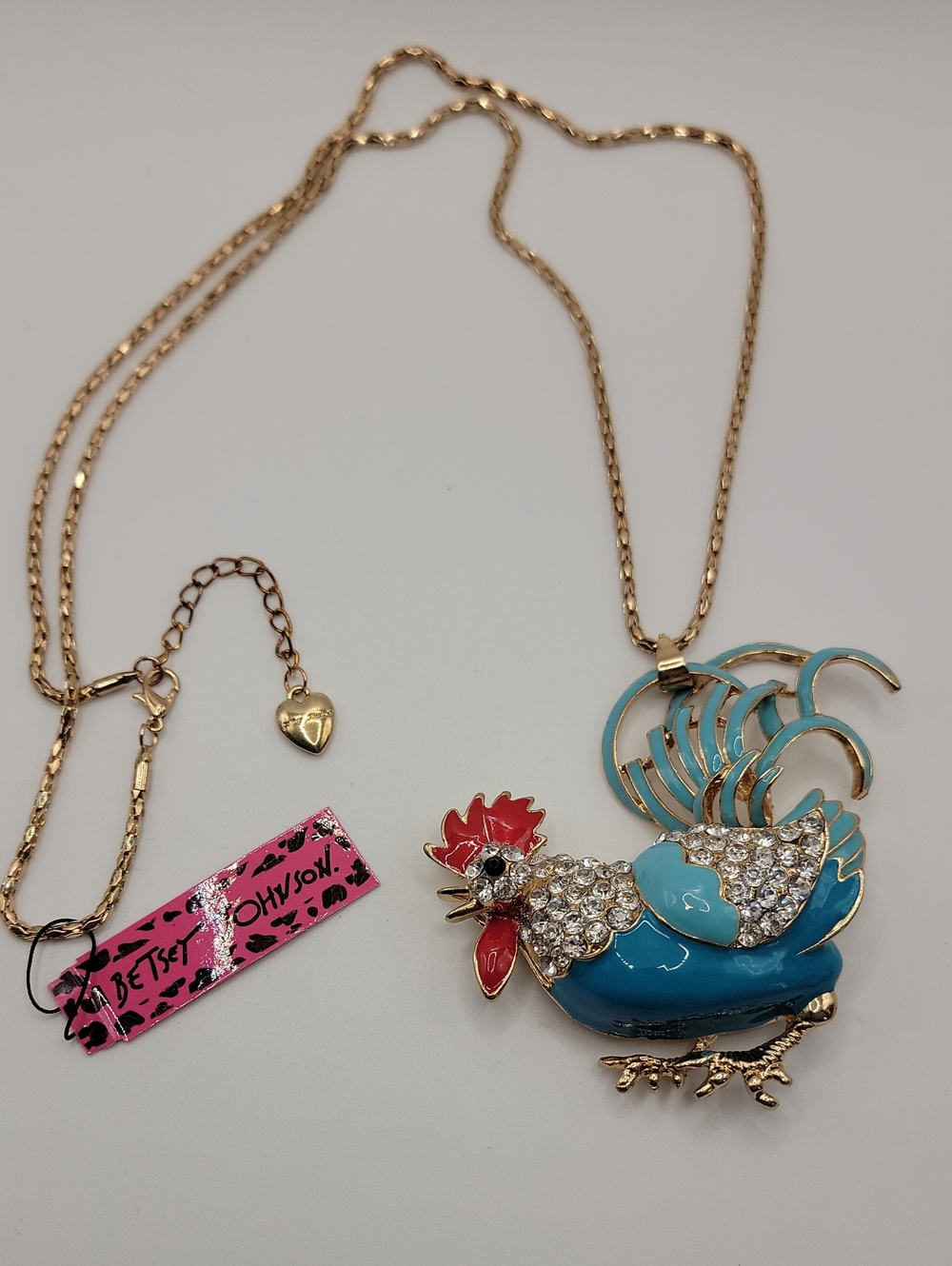 Betsey Johnson Rooster Necklace Blue Enamel with Crystal Rhinstones Goldtone